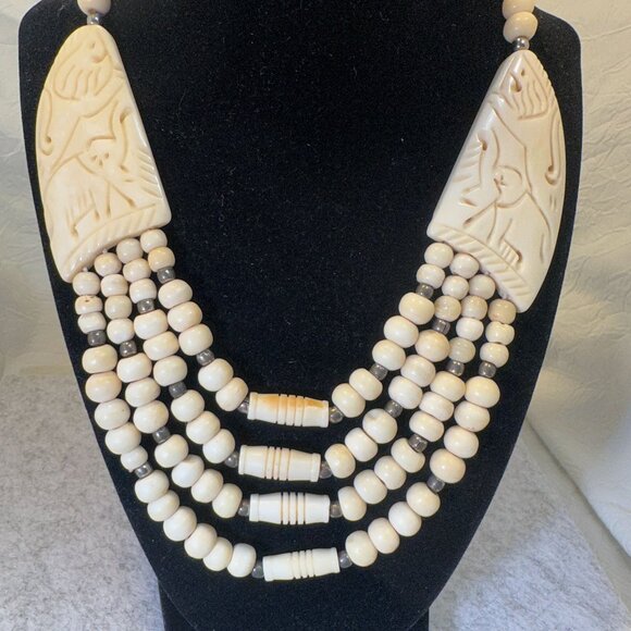 Vintage Carved Tribal Beaded Necklace Intricate Elephant Pendants & Multi-Strand - Picture 2 of 9